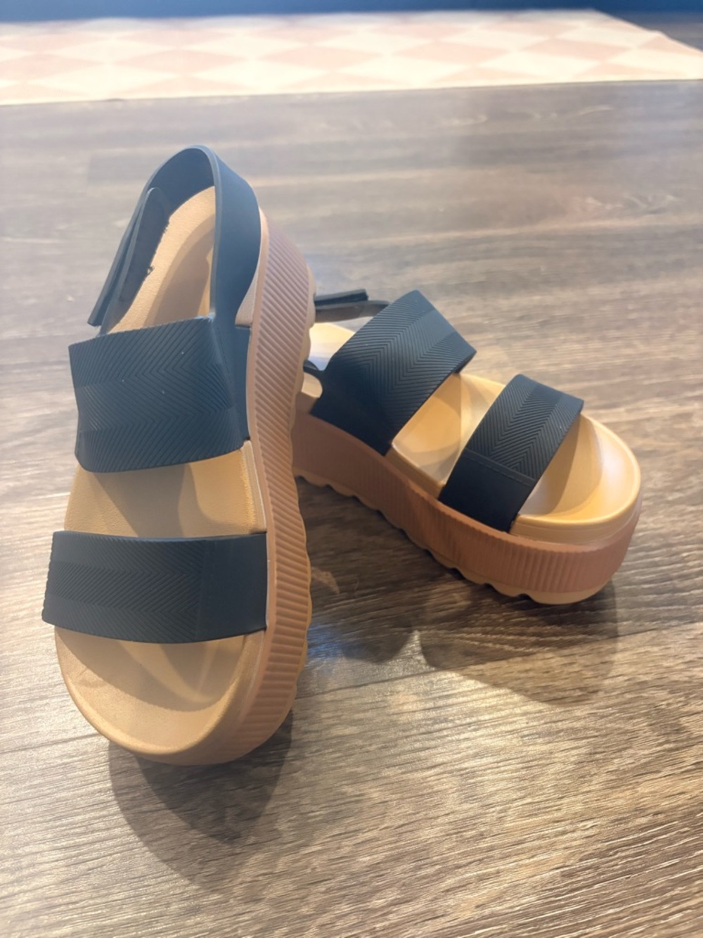 Black Strap Platform Sandals with Tan Sole